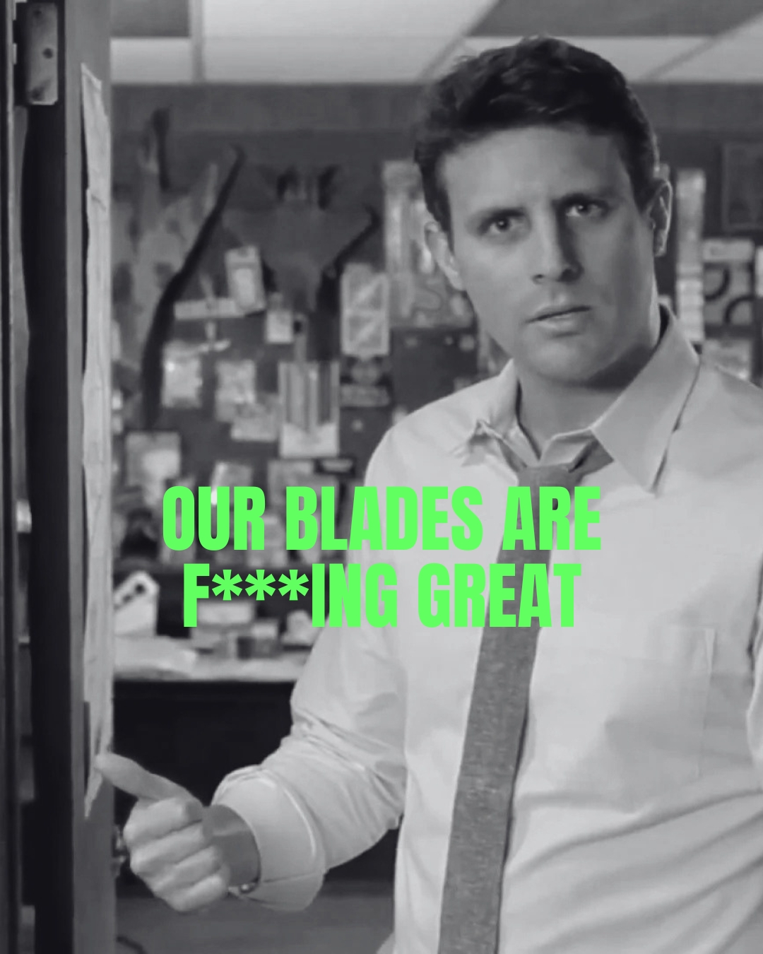 Dollar Shave Club's viral ad with 'OUR BLADES ARE F***ING GREAT' text.