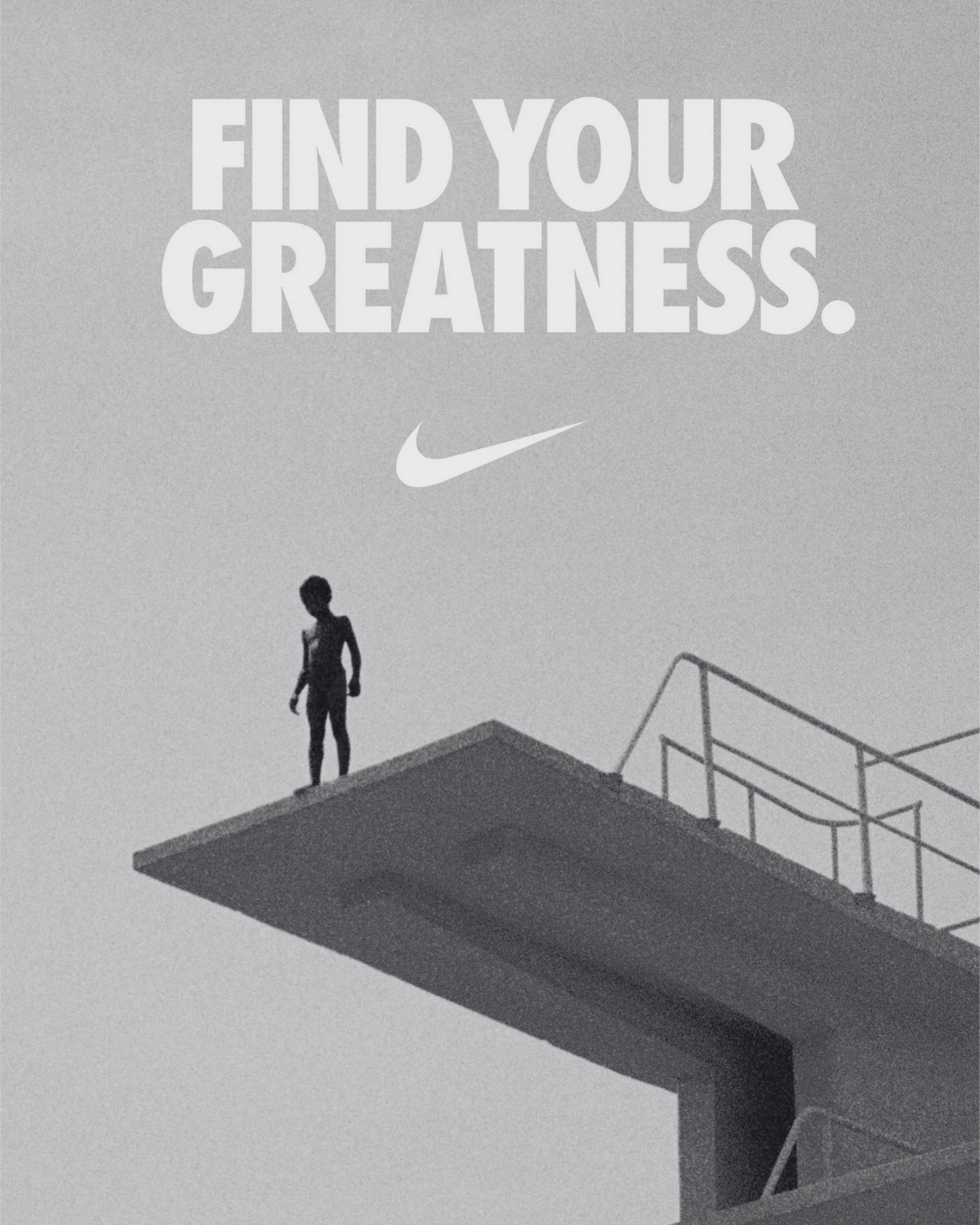 A young boy standing on a high dive platform with 'FIND YOUR GREATNESS' text.