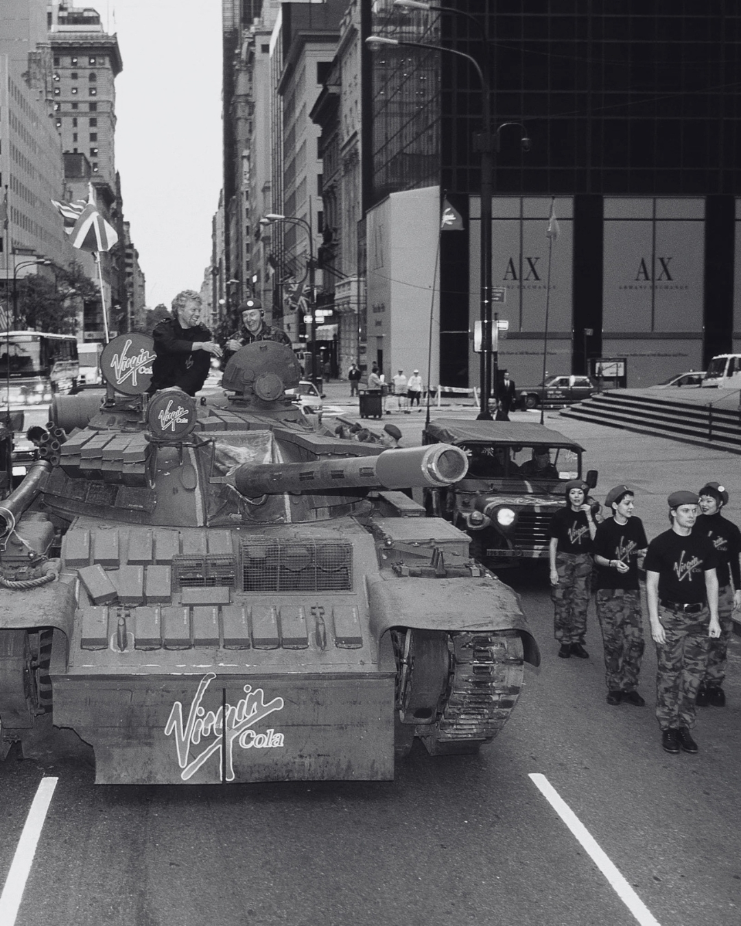 Richard Branson in a tank in Times Square launching Virgin Cola.